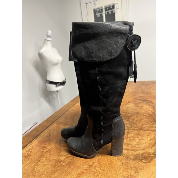 Naya Narubi Women's 7 Black Over the Knee Fold Down Suede Leather Boots Heeled - Picture 6 of 8